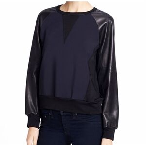 Rag & Bone Women's Black Kent Crewneck Sweatshirt Sweater Leather Sleeves